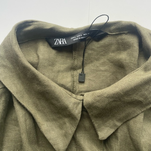 Zara Linen Top Olive Green Drawstring Waist Shirt Large - Picture 7 of 10